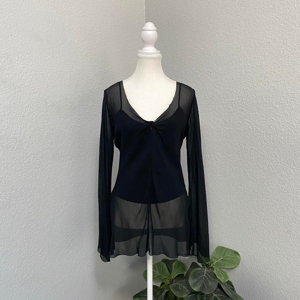 MAX STUDIO BLACK BLOUSE SILK LONG SLEEVE SHEER TOP TWO PIECE SLIT HEM FAIRYCORE